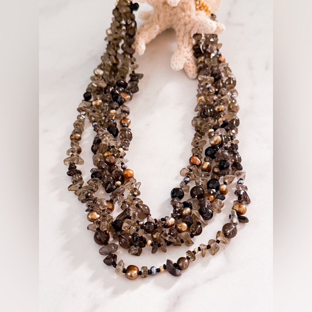 Multi-strand Quartz and Freshwater Pearl Necklace with Sterling Silver Toggle - Picture 2 of 14